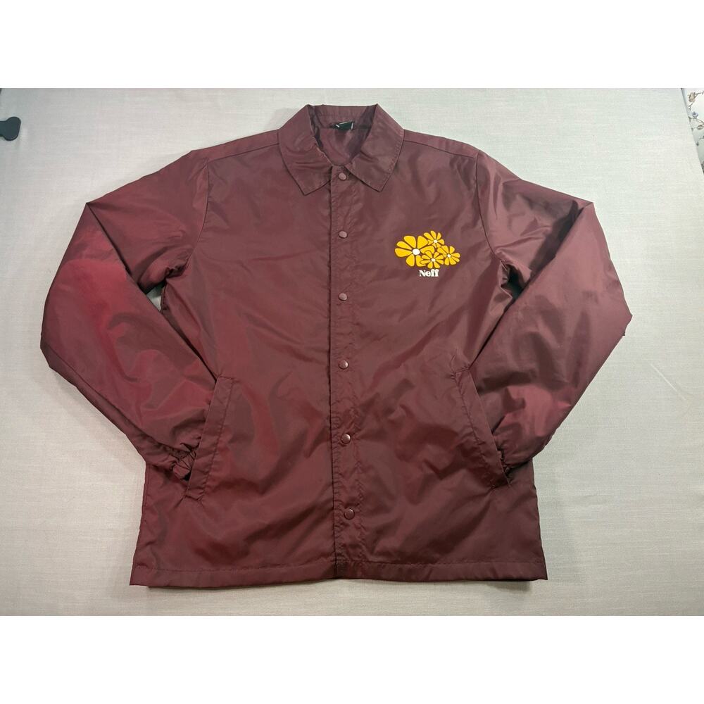 Neff Men’s Streetware Jacket Small Burgundy Floral Graphic Snapfront Windbreaker